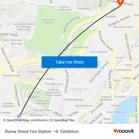 Roma Street Fire Station to Exhibition map