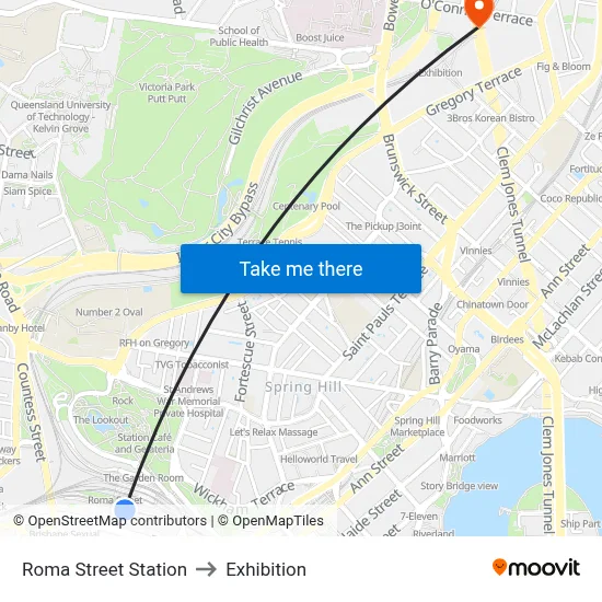 Roma Street Station to Exhibition map