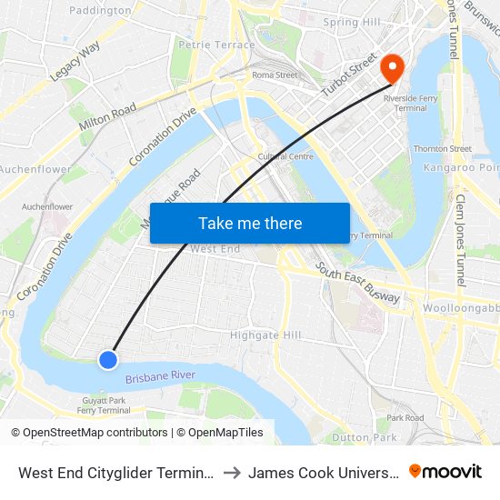 West End Cityglider Terminus to James Cook University map