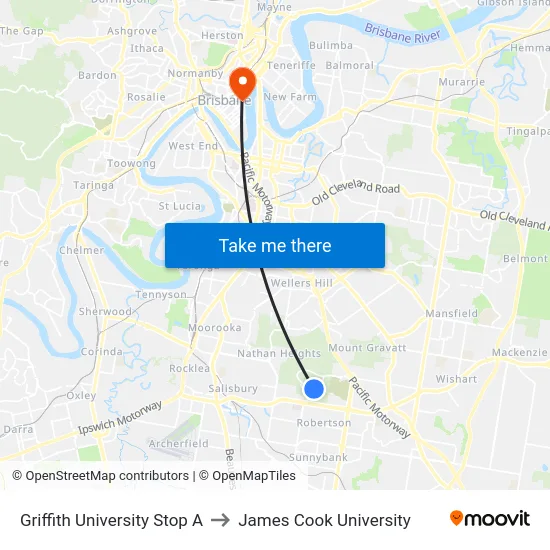 Griffith University Stop A to James Cook University map