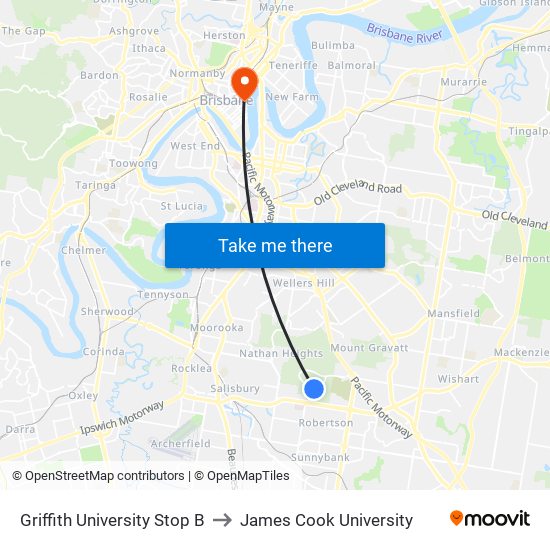 Griffith University Stop B to James Cook University map