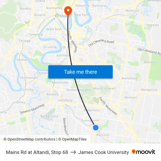 Mains Rd at Altandi, Stop 68 to James Cook University map
