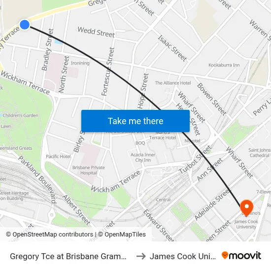 Gregory Tce at Brisbane Grammar, Stop 4 to James Cook University map