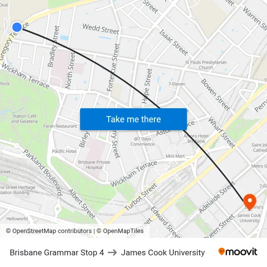 Brisbane Grammar Stop 4 to James Cook University map