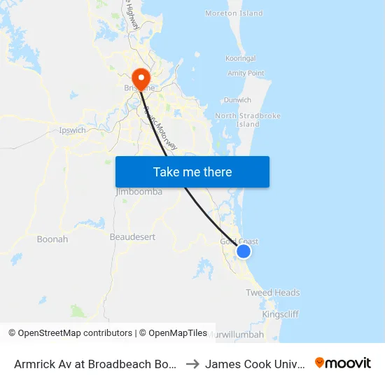 Armrick Av at Broadbeach Boulevard to James Cook University map