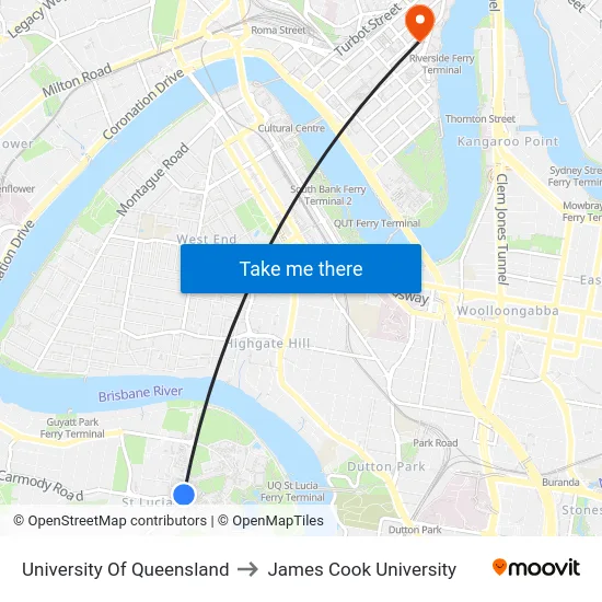 University Of Queensland to James Cook University map