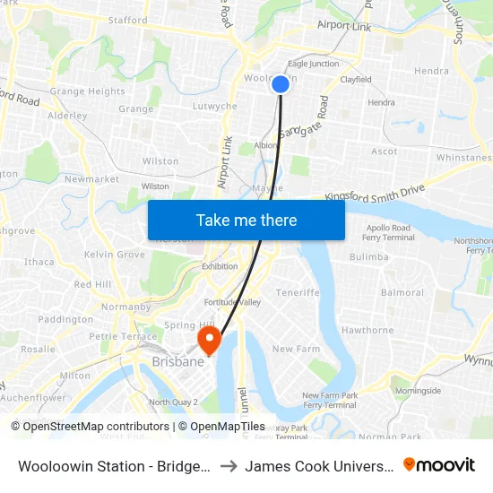 Wooloowin Station - Bridge St to James Cook University map