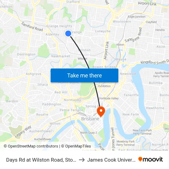 Days Rd at Wilston Road, Stop 1a to James Cook University map