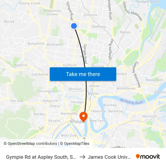 Gympie Rd at Aspley South, Stop 41 to James Cook University map