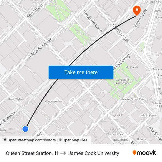Queen Street Station, 1i to James Cook University map
