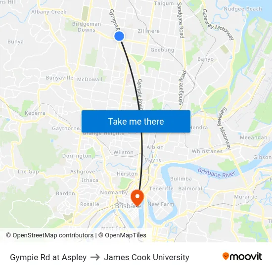 Gympie Rd at Aspley to James Cook University map