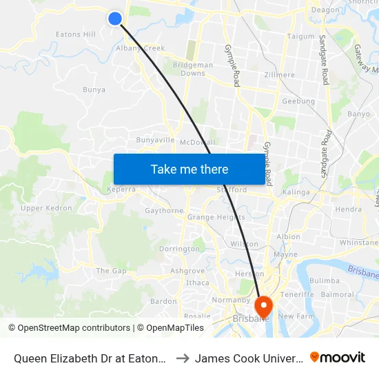 Queen Elizabeth Dr at Eatons Hill to James Cook University map