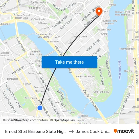 Ernest St at Brisbane State High, Stop 3 to James Cook University map