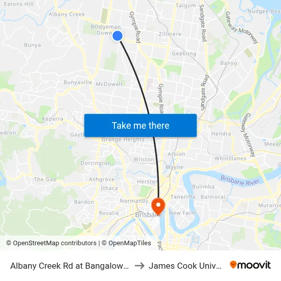 Albany Creek Rd at Bangalow Street to James Cook University map