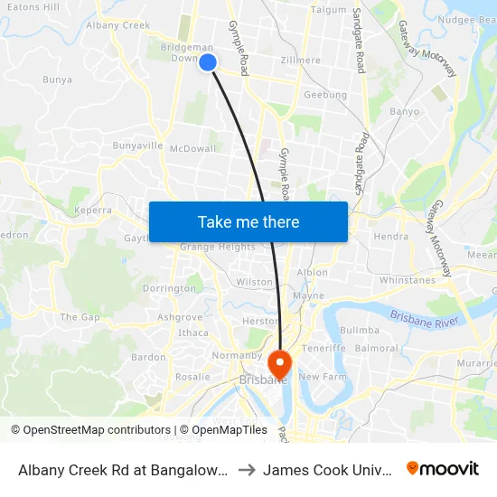 Albany Creek Rd at Bangalow Street to James Cook University map