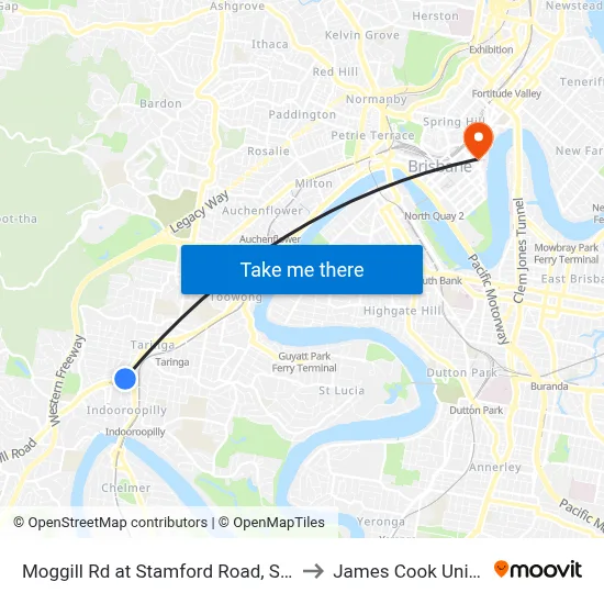 Moggill Rd at Stamford Road, Stop 22/23 to James Cook University map