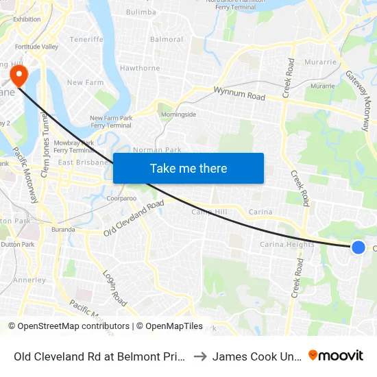 Old Cleveland Rd at Belmont Primary School to James Cook University map