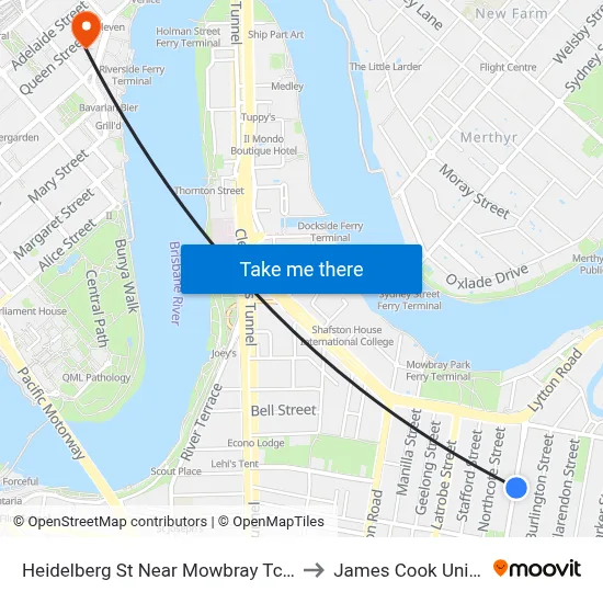 Heidelberg St Near Mowbray Tce, Stop 14 to James Cook University map
