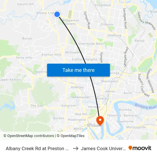 Albany Creek Rd at Preston Point to James Cook University map