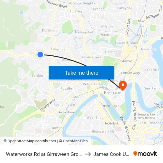 Waterworks Rd at Girraween Grove, Stop 21/22 to James Cook University map