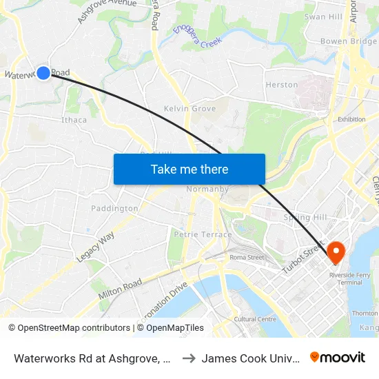 Waterworks Rd at Ashgrove, Stop 17 to James Cook University map