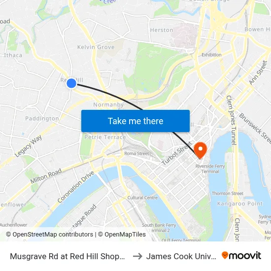 Musgrave Rd at Red Hill Shops, Stop 8 to James Cook University map