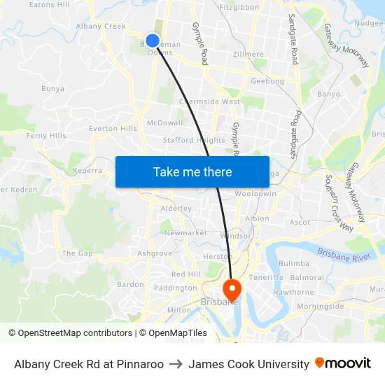 Albany Creek Rd at Pinnaroo to James Cook University map
