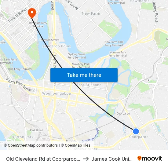 Old Cleveland Rd at Coorparoo, Stop 23 to James Cook University map