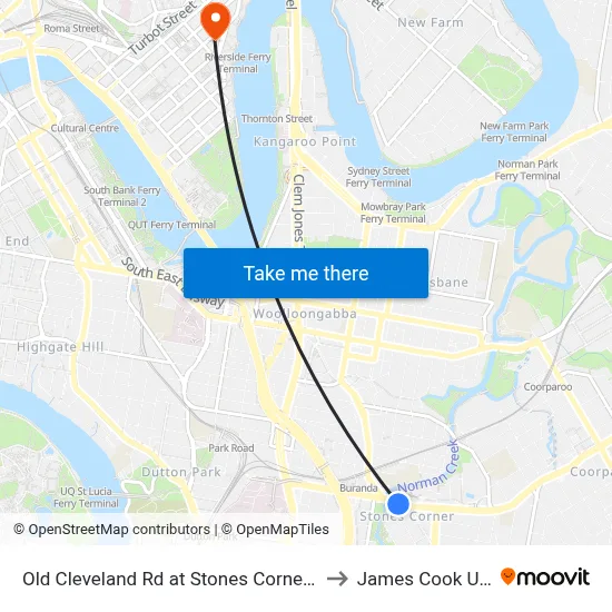 Old Cleveland Rd at Stones Corner Library, Stop 17 to James Cook University map