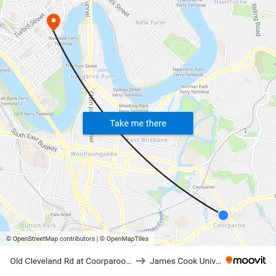 Old Cleveland Rd at Coorparoo Stop 23 to James Cook University map