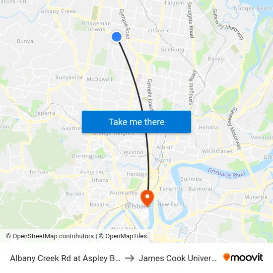 Albany Creek Rd at Aspley Bowl to James Cook University map