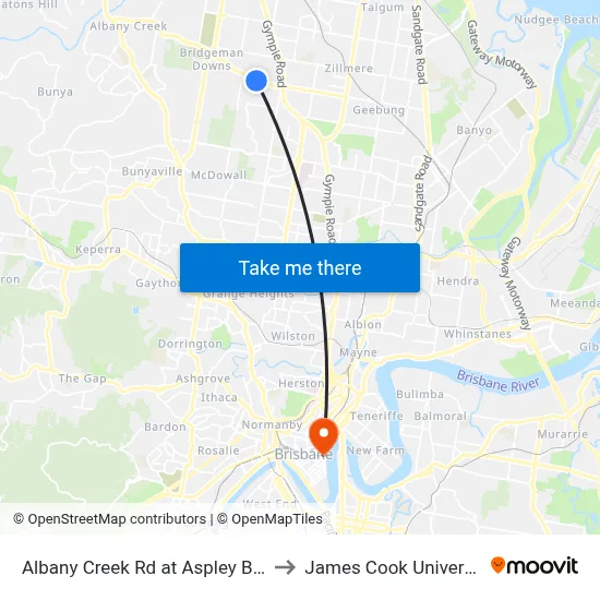 Albany Creek Rd at Aspley Bowl to James Cook University map