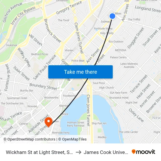 Wickham St at Light Street, Stop 7 to James Cook University map