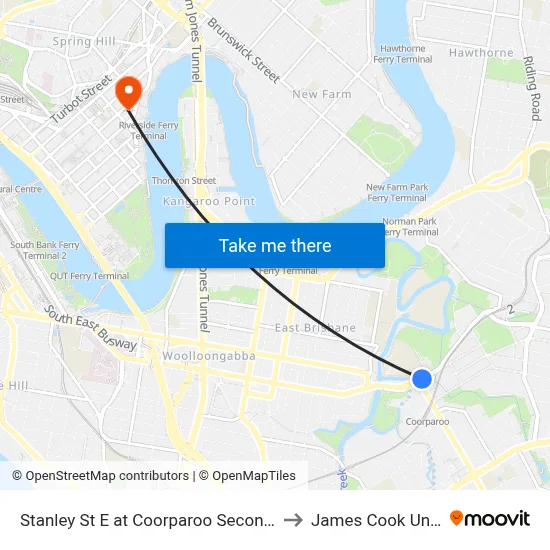 Stanley St E at Coorparoo Secondary College to James Cook University map
