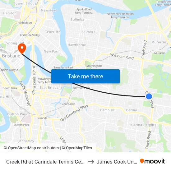 Creek Rd at Carindale Tennis Centre, Stop 46 to James Cook University map
