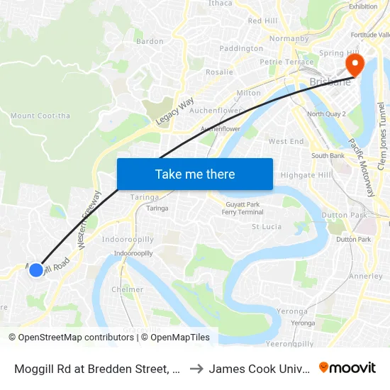 Moggill Rd at Bredden Street, Stop 32 to James Cook University map