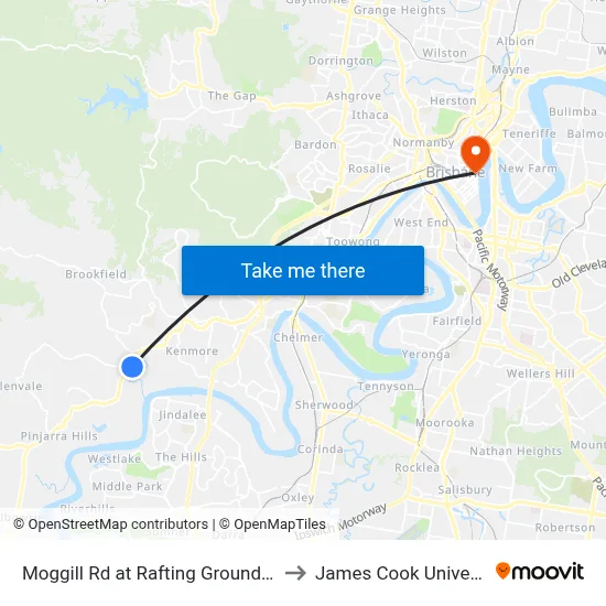 Moggill Rd at Rafting Ground Park to James Cook University map
