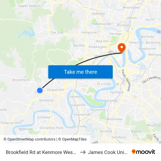 Brookfield Rd at Kenmore West, Stop 37 to James Cook University map