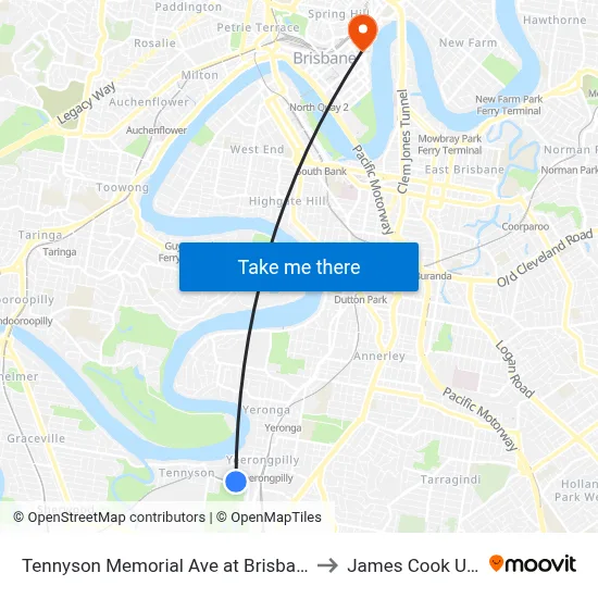 Tennyson Memorial Ave at Brisbane Golf, Stop 36 to James Cook University map