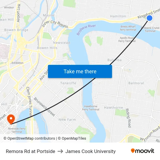 Remora Rd at Portside to James Cook University map