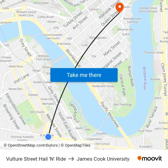 Vulture Street Hail 'N' Ride to James Cook University map