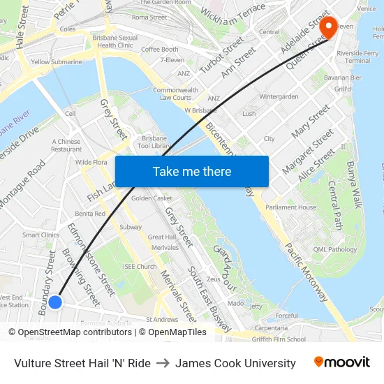 Vulture Street Hail 'N' Ride to James Cook University map