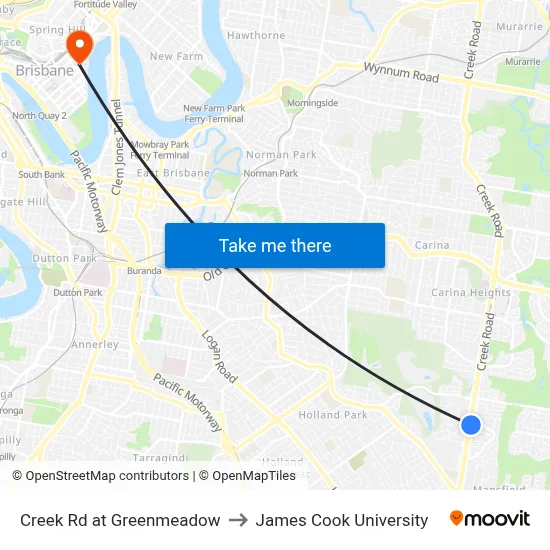 Creek Rd at Greenmeadow to James Cook University map