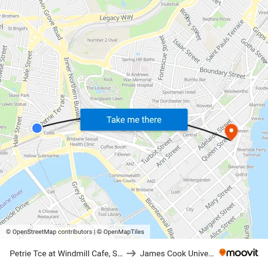 Petrie Tce at Windmill Cafe, Stop 3 to James Cook University map