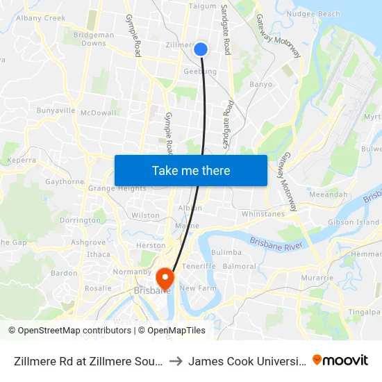Zillmere Rd at Zillmere South to James Cook University map
