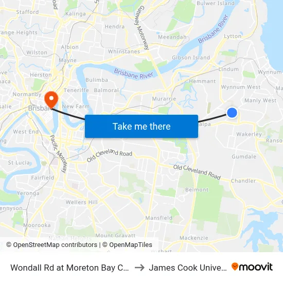 Wondall Rd at Moreton Bay College to James Cook University map