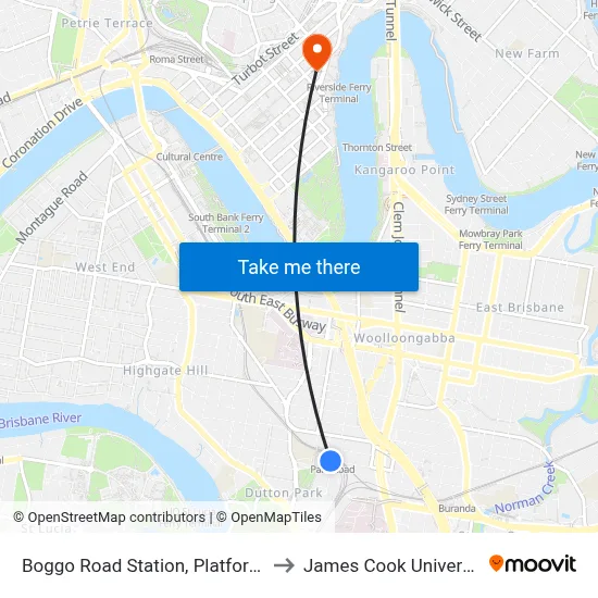 Boggo Road Station, Platform 5 to James Cook University map