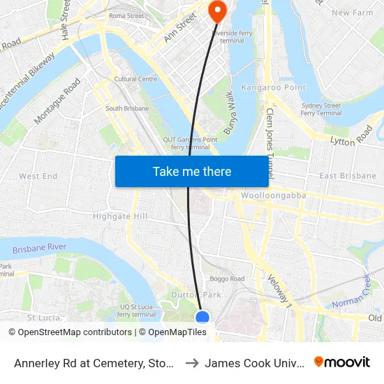 Annerley Rd at Cemetery, Stop 13/18 to James Cook University map