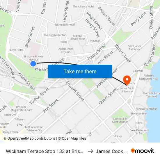 Wickham Terrace Stop 133 at Brisbane Private Hospital to James Cook University map