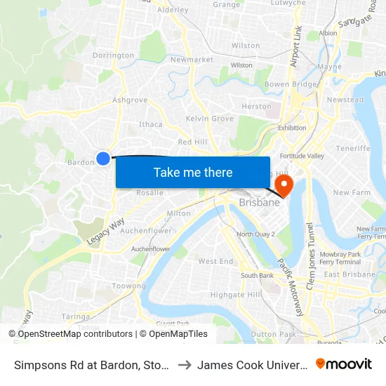 Simpsons Rd at Bardon, Stop 16 to James Cook University map